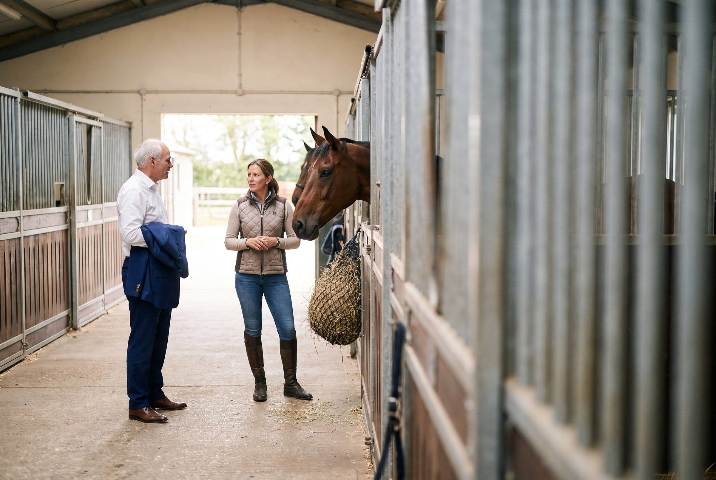 Advocaat in gesprek met een ruiter in de stalgang, met een bruin paard dat uit de box kijkt